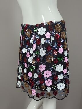 YAS Sequin Floral Embroidered Black Mini Skirt Medium